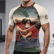 Person wearing a compression shirt with a samurai design on a neutral background
