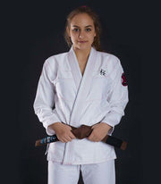 Front view of a Ground Game Sakura BJJ Women`s Gi White
